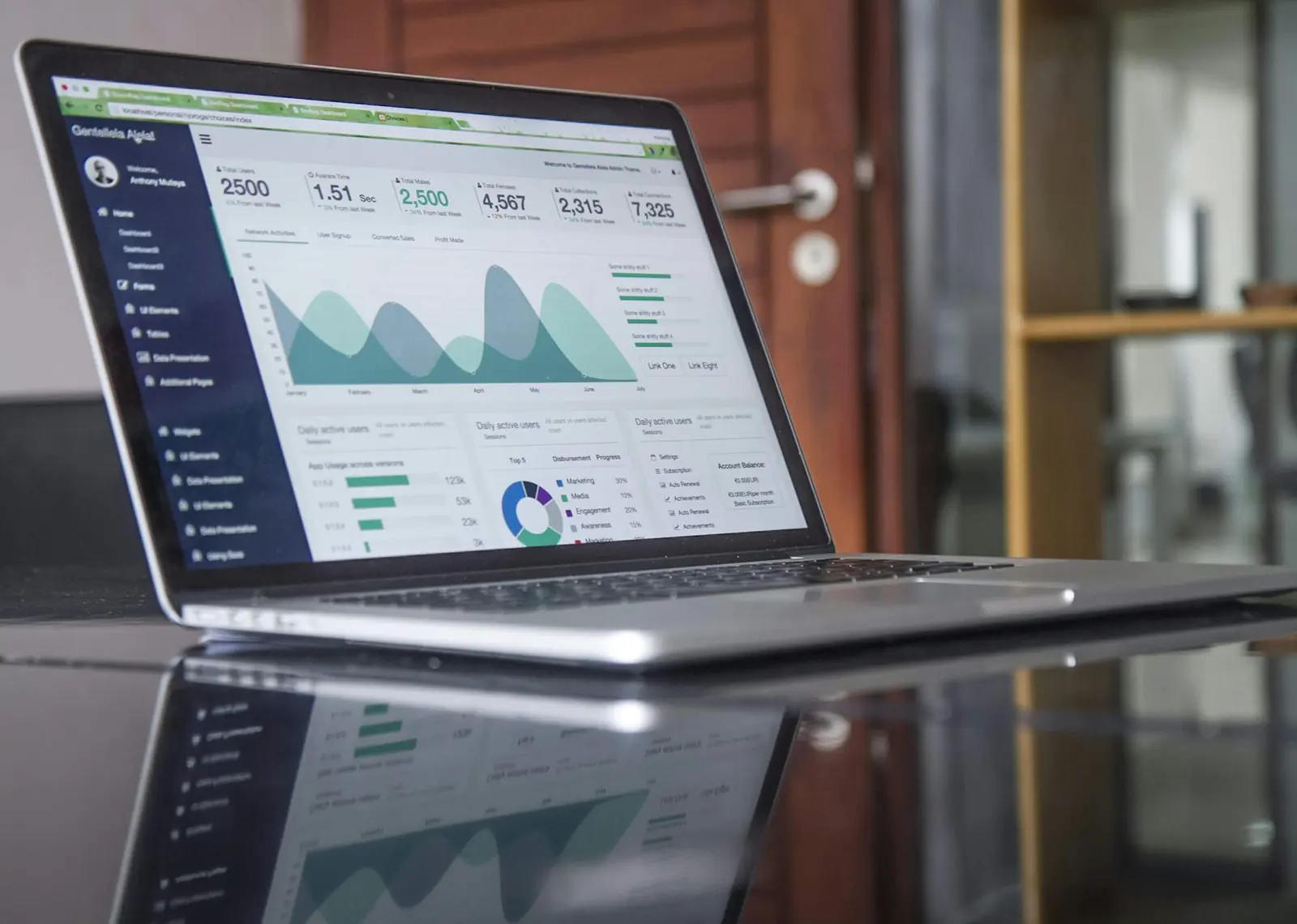 Laptop con un tablero de gráficas y pronósticos sobre una mesa de vidrio